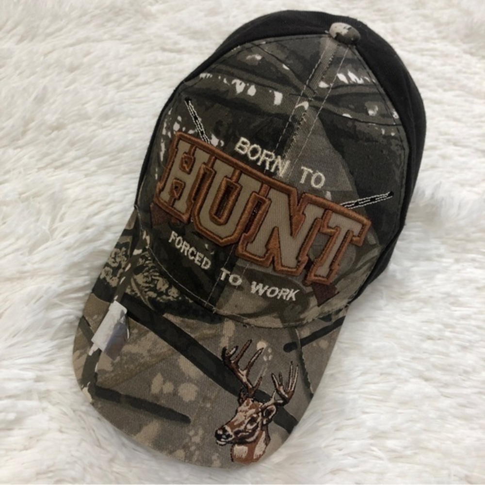 Born To Hunt, Forced To Work Camouflage Deer Patch Adjustable Baseball Cap Hat